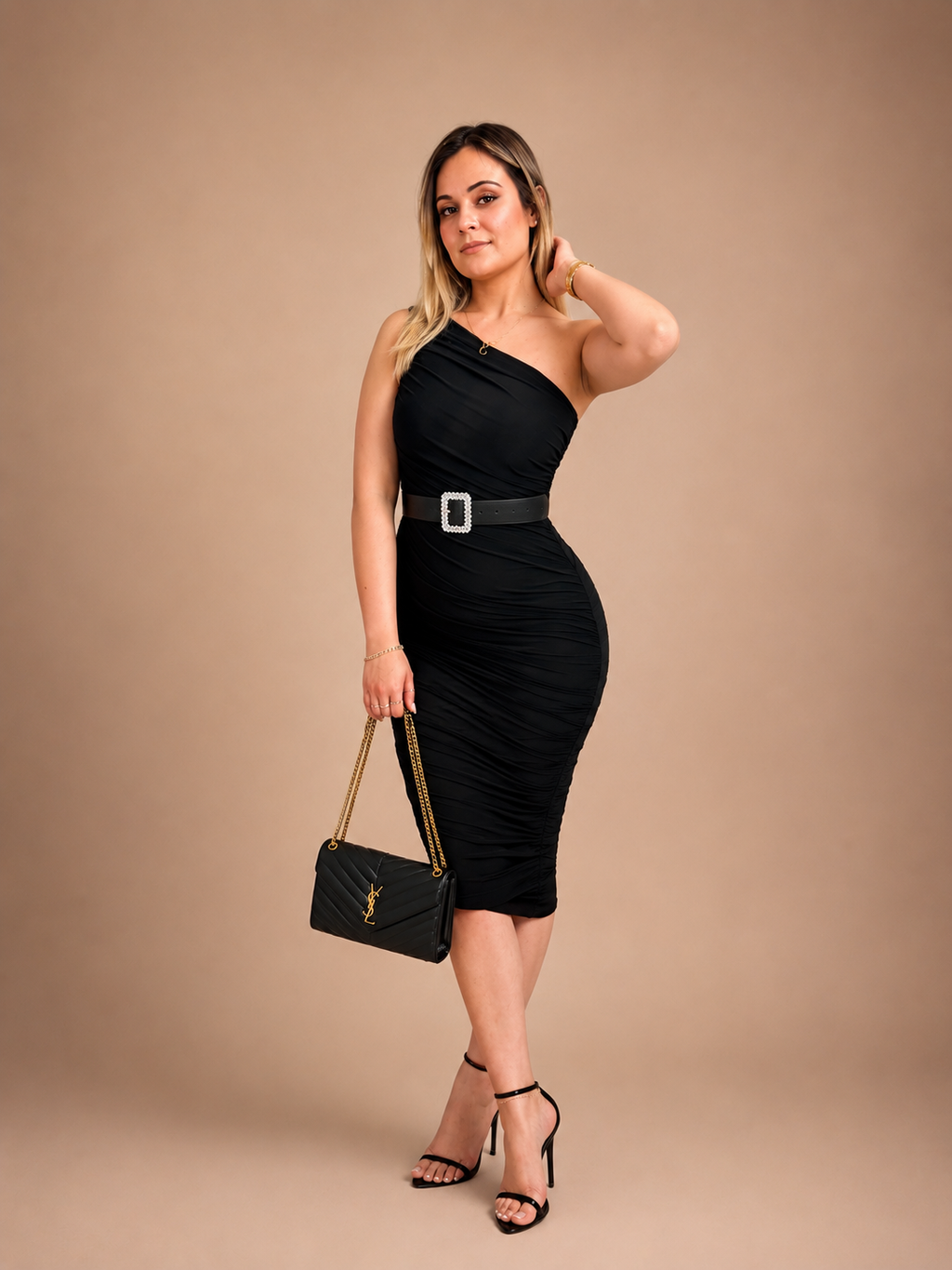 Black one-shoulder midi dress