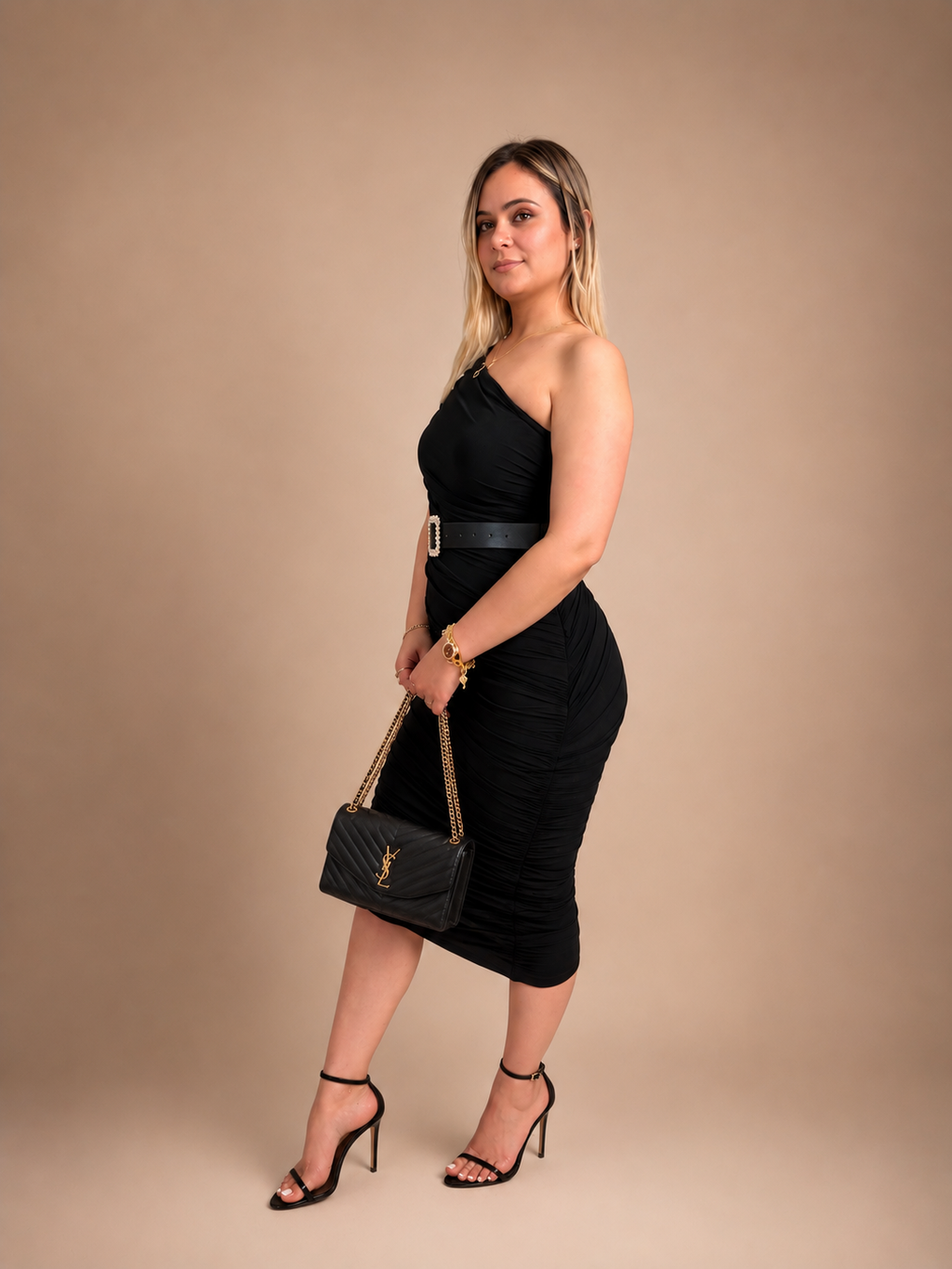 Black one-shoulder midi dress