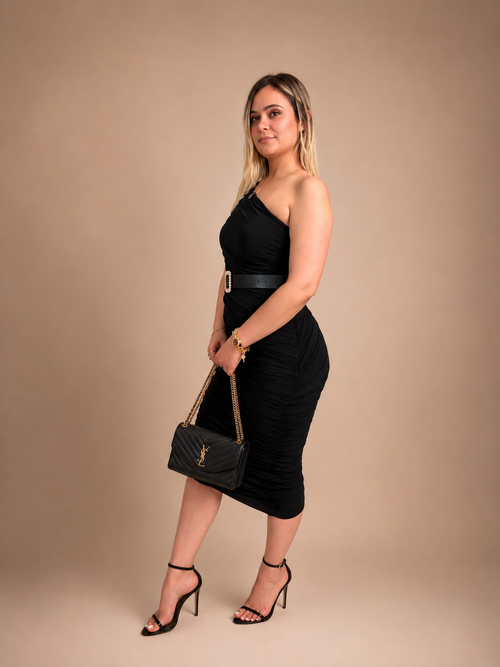 Black one-shoulder midi dress